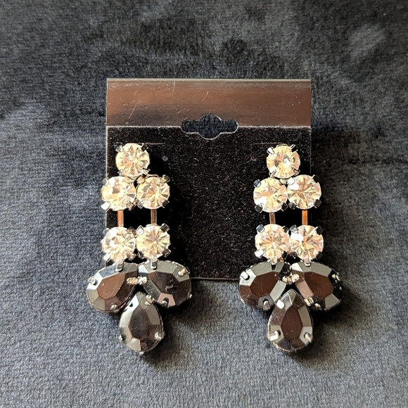 Black and White Rhinestone Silver Dangle Earrings Set Formal Bridal Prom - Picture 3 of 7